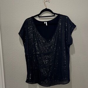 🖤✨ Studio Y Black V-Neck Sequin Women’s Blouse – SZ L ✨🖤